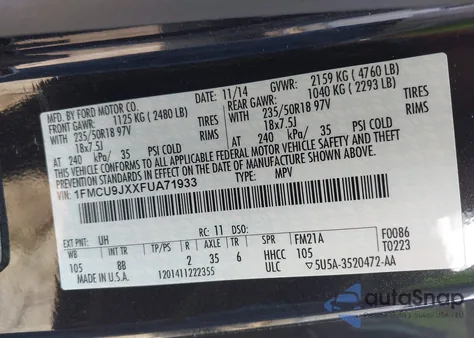 2015 Ford Escape Titanium z USA, uszkodzony, nr VIN 1FMCU9JXXFUA71933